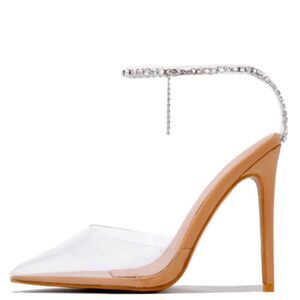 CLEAR NUDE MULE PUMP WITH RHINESTONE ANKLE